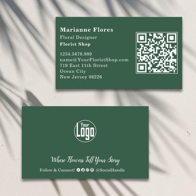 Scannable Green and White Florist Business Card (Scannable Green and White Florist Business Card, Landscape, QR code, Logo)
