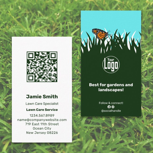 Scannable Lawn Butterfly Green White Business Card (Scannable Lawn Butterfly Green White Business Card with Logo, QR-code)