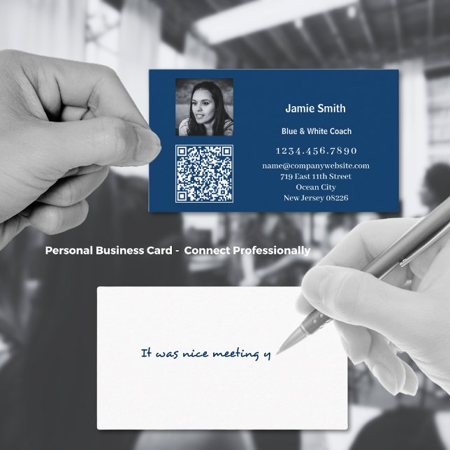 Scannable Photo QR Code Personal Message Blue Business Card (Scannable Photo QR Code Personal Message Blue Business Card)