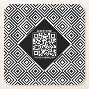 Scannable QR-code, CTA and www Black & White Event Square Paper Coaster