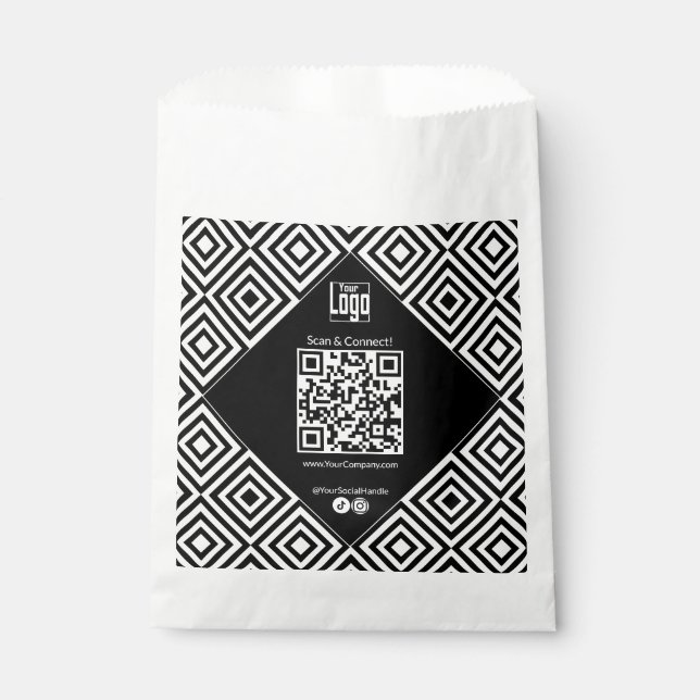Scannable QR-code, CTA, www, Social Black & White  Favour Bags (Front)