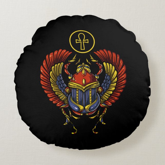 Scarab Ankh Egyptian Eye Of Horus Ancient Symbol Round Cushion (Front)