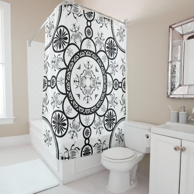 Scarab tile line pattern shower curtain (In Situ)