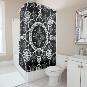 Scarab tile line pattern with black Background Shower Curtain