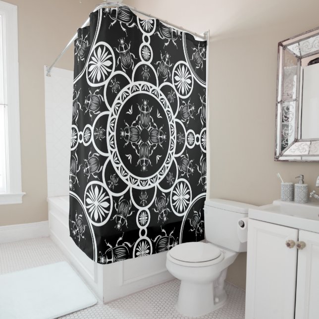 Scarab tile line pattern with black Background Shower Curtain (In Situ)