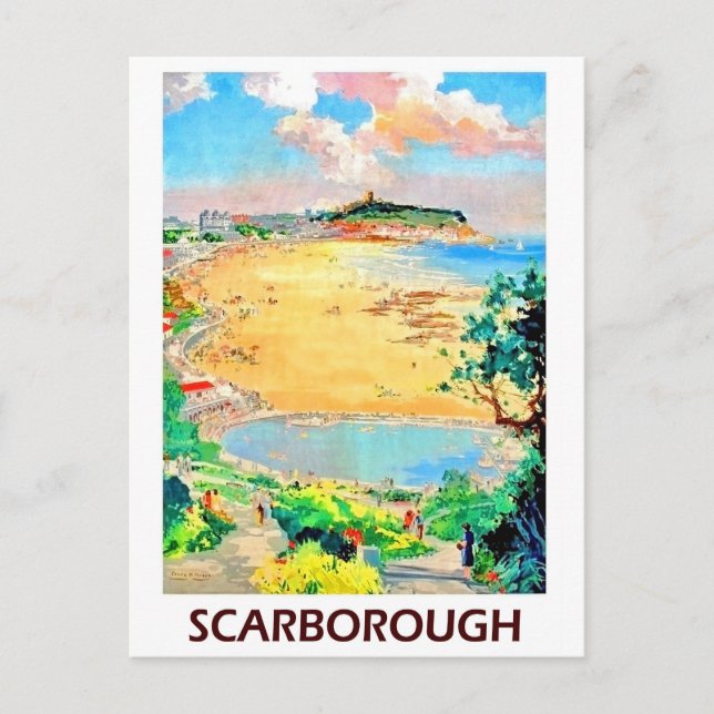 Scarborough beach, landscape, vintage travel postcard (Front)