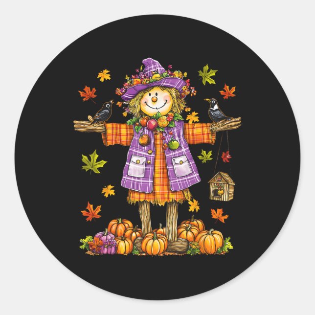 Scarecrow Autumn Fall Season Pumpkin Thanksgiving  Classic Round Sticker (Front)