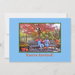SCARECROW BUDDIES SITTING ON BENCH HALLOWEEN INVITATION