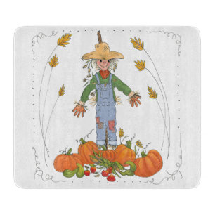 Scarecrow in Pumpkin Patch Cute Watercolor Cutting Board