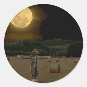Scarecrow in the Hay Field under the Full Moon Classic Round Sticker