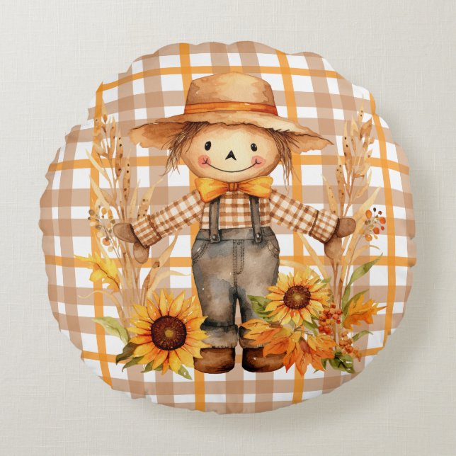 Scarecrow on Brown and Orange Gingham Plaid Round Cushion (Front)