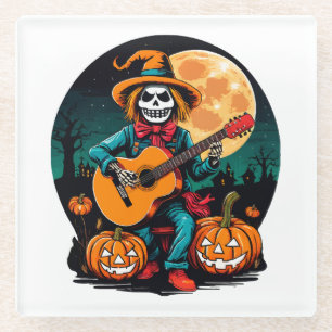 scarecrow plays guitar and celebrates halloween glass coaster