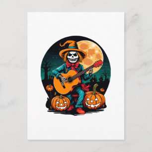 scarecrow plays guitar and celebrates halloween postcard