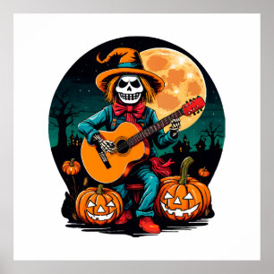 scarecrow plays guitar and celebrates halloween poster