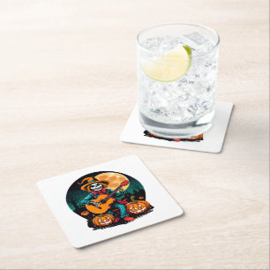 scarecrow plays guitar and celebrates halloween square paper coaster