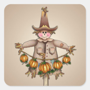 SCARECROW & PUMPKIN GARLAND by SHARON SHARPE Square Sticker
