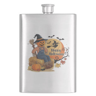 Scarecrow Pumpkin Halloween Rustic Vibes Art Hip Flask