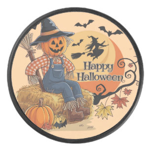 Scarecrow Pumpkin Halloween Rustic Vibes Art Hockey Puck