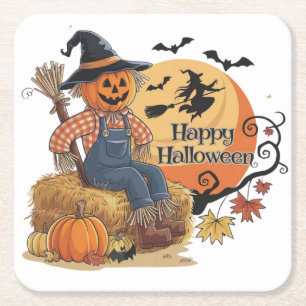 Scarecrow Pumpkin Halloween Rustic Vibes Art Square Paper Coaster