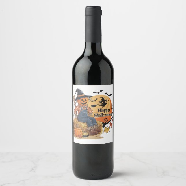 Scarecrow Pumpkin Halloween Rustic Vibes Art Wine Label (Front)