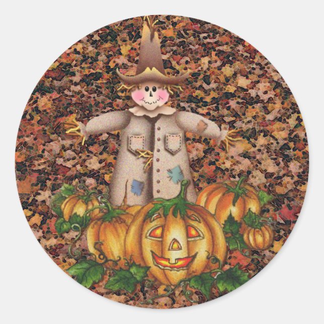 SCARECROW & PUMPKIN PATCH by SHARON SHARPE Classic Round Sticker (Front)