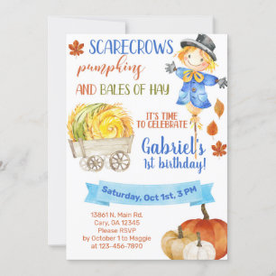 Scarecrow pumpkins bales of hay birthday invite. invitation