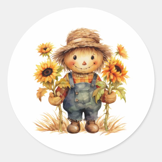 Scarecrow Sunflower  Classic Round Sticker (Front)