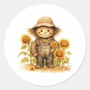 Scarecrow Sunflower  Classic Round Sticker