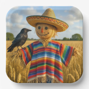 Scarecrow Wearing a Sombrero and Poncho Paper Plate