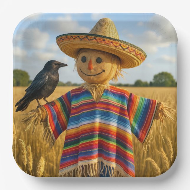 Scarecrow Wearing a Sombrero and Poncho Paper Plate (Front)
