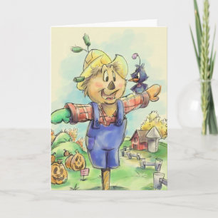 scarecrow with a bird friend greeting card