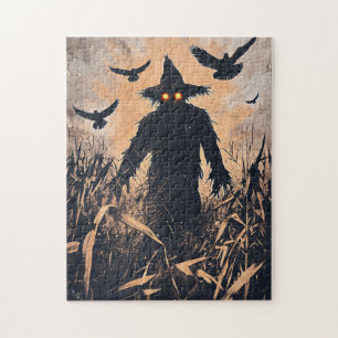 Scarecrow with Glowing Eyes in Cornfield Jigsaw Puzzle