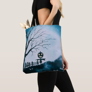 Scarecrow with Jack-O' Lantern Head Halloween Tote Bag