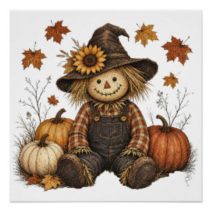 Scarecrow with Pumpkins Autumn Harvest Rustic Poster