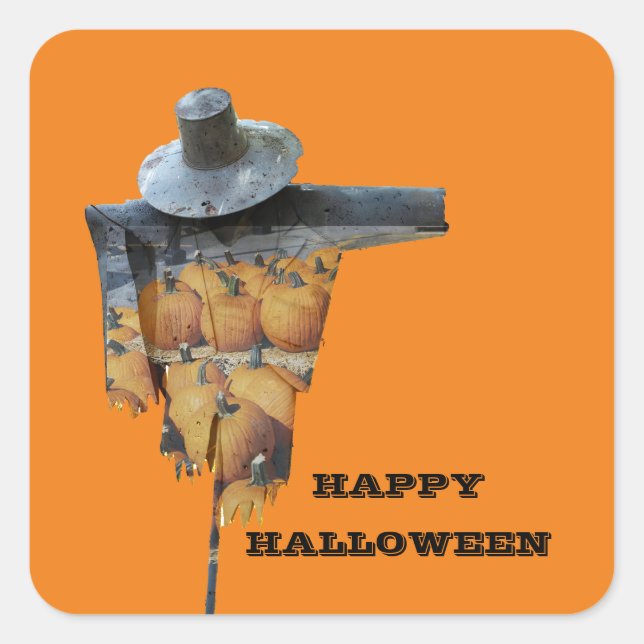 Scarecrow with pumpkins & witch hat on a stick square sticker (Front)