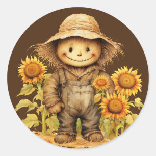 Scarecrow with Sunflower  Classic Round Sticker