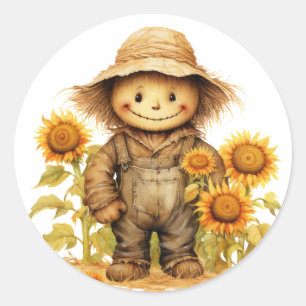 Scarecrow with Sunflower Classic Round Sticker