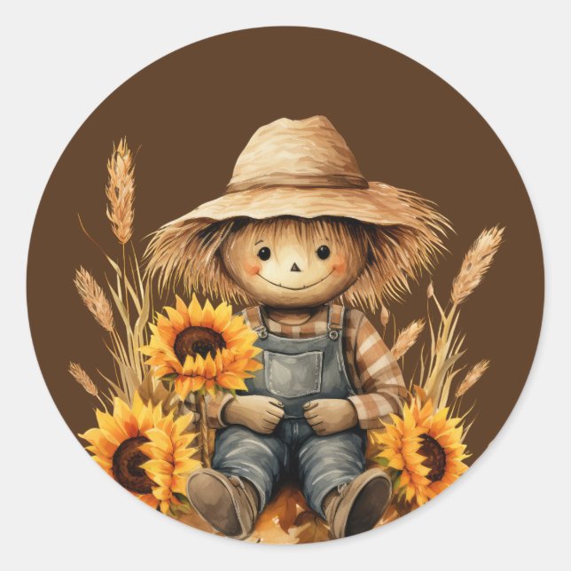 Scarecrow with Sunflower  Classic Round Sticker (Front)