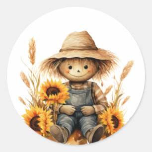 Scarecrow with Sunflower  Classic Round Sticker