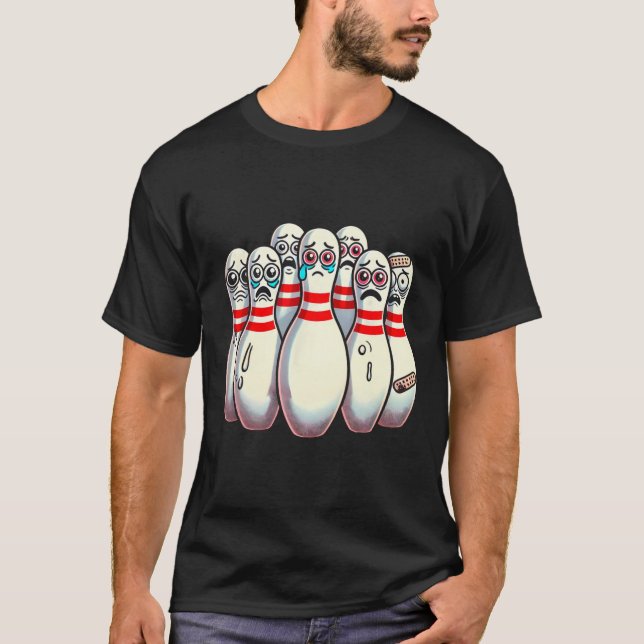 Scared Bowling Pins Cartoon Fun Bowler Humourous M T-Shirt (Front)
