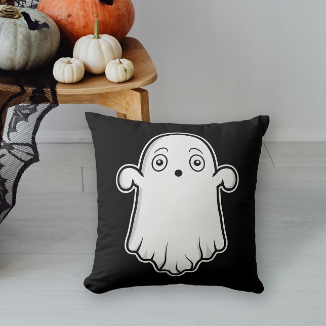 Scared Cartoon Ghost Halloween Black And White Cushion (Cute design for the Halloween season.)