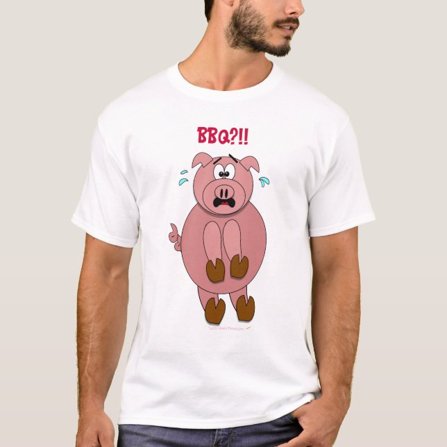 Scared Cartoon Pig BBQ?! Funny Shirt (Front)