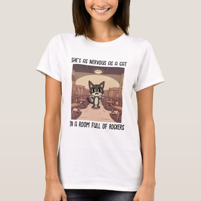 Scared Cat In Room Full Of Rocking Chairs T-Shirt (Front)