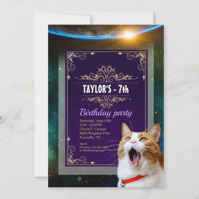 Scared Cat In Space Birthday Invitation (Front)