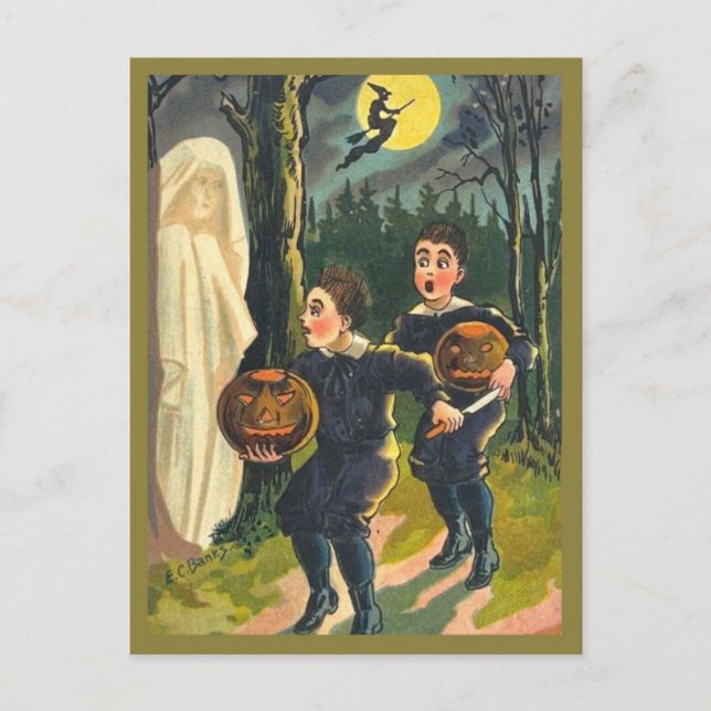 Scared Children & Ghost - Vintage Halloween Postcard (Front)