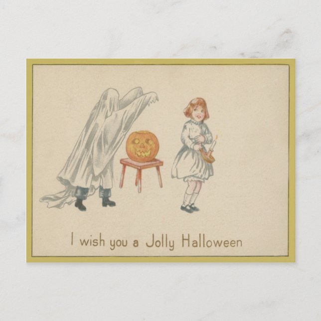 Scared Girl Ghost Costume Jack O Lantern Postcard (Front)