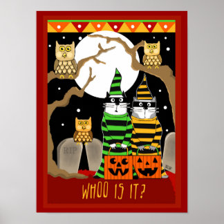 Scared Halloween Cats Trick or Treating with Owls Poster