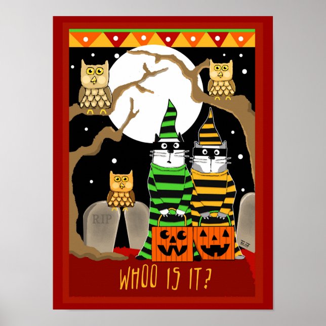 Scared Halloween Cats Trick or Treating with Owls Poster (Front)