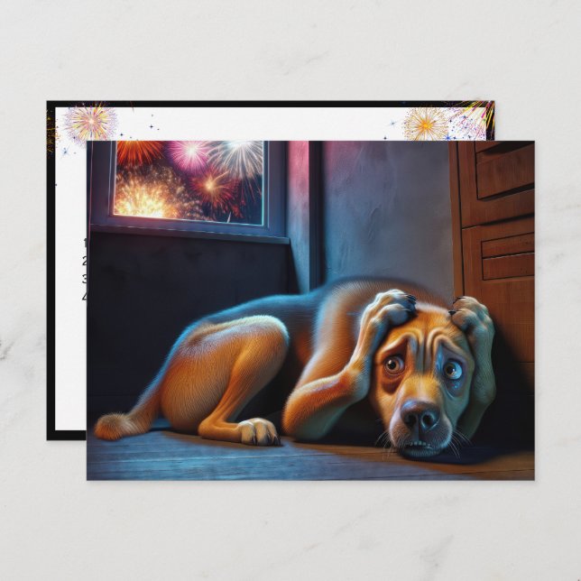 Scared Hound Dog Watching Fireworks Postcard (Front/Back)
