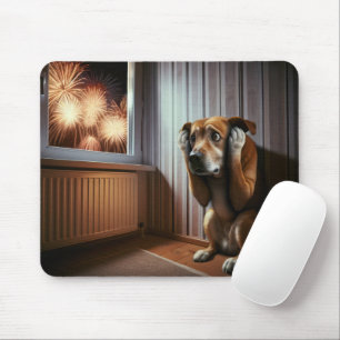 Scared Hound Dog With Fireworks Mouse Mat